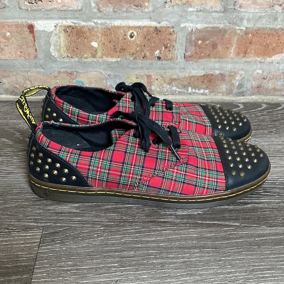 Dr. Martens Shoes - Dr. Martens Aldstud oxford shoe red tartan plaid pattern and gold stud